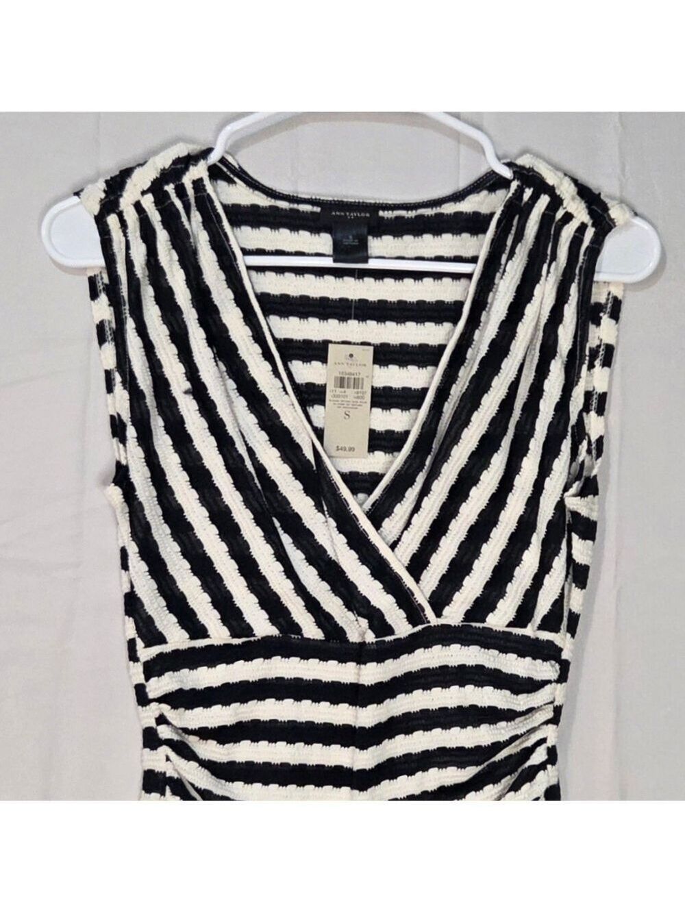 Ann Taylor Black White Striped Textured Wrap Top Small Chic Stretch Blouse - Picture 2 of 10